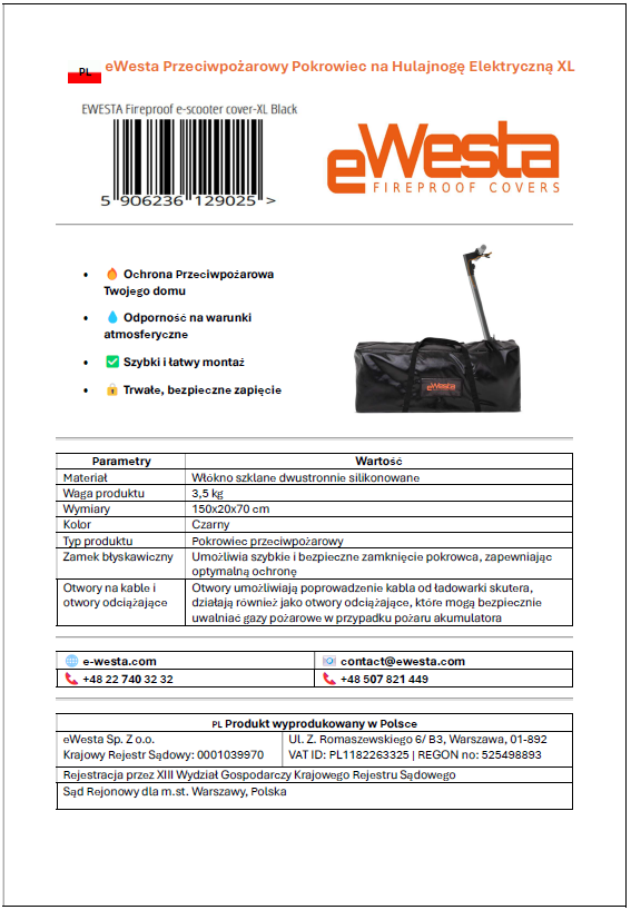 Pokrowiec przeciwpożarowy na hulajnogę XL